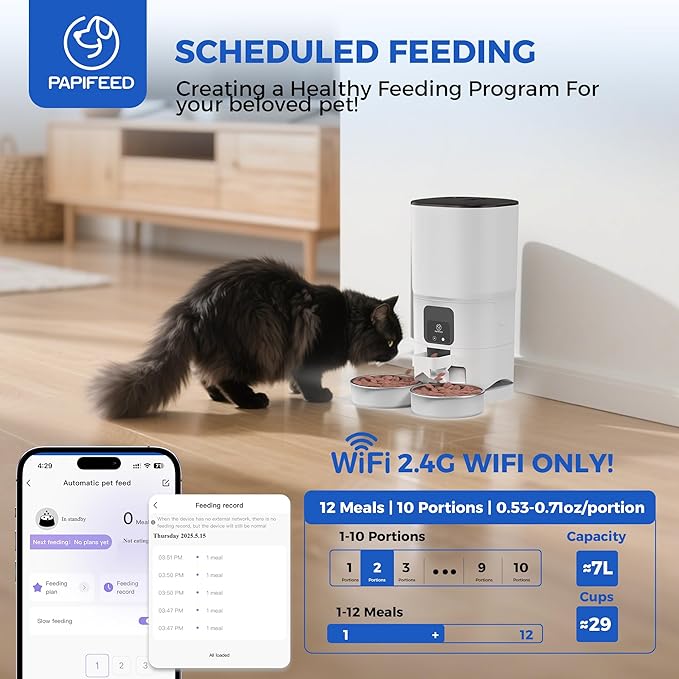 PAPIFEED Automatic Cat Feeder 2 Cats, 2.4G WiFi Cat Food Dispenser with App Control, 7L Slow Feed Timed Cat Feeders for Dry Food, 10 Meals/Day, 12 Portions/Meal, Dual Power Supply, White