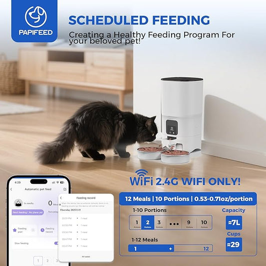 PAPIFEED Automatic Cat Feeder 2 Cats, 2.4G WiFi Cat Food Dispenser with App Control, 7L Slow Feed Timed Cat Feeders for Dry Food, 10 Meals/Day, 12 Portions/Meal, Dual Power Supply, White