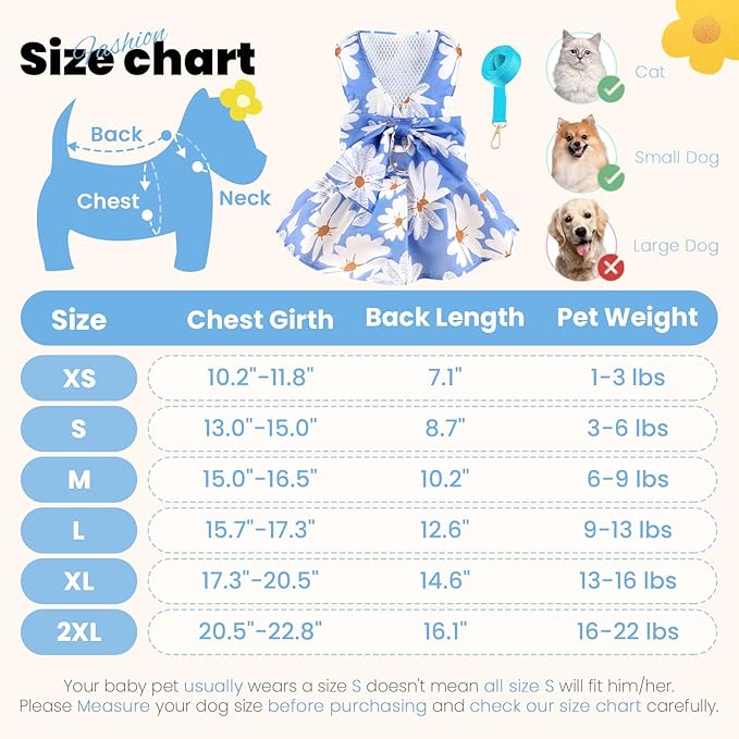 ABRRLO Cute Dog Dress Small Dog Clothes for Girls Female Puppy Outfits Blue Daisy Pet Summer Clothes Bowknot Doggy Cat Princess Dress Harness Set for Holiday Birthday Party Costume Clothing (Blue,XL)