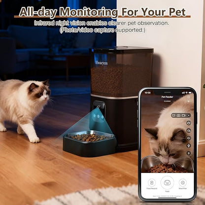 Automatic Cat Feeder with Camera, 5L/28 Cups WiFi Cat Auto Feeder with Two-Way Audio, App Control, Strong Anti-Jam System Smart Timed Cat Feeder with Night Vision for Small Pets Indoor