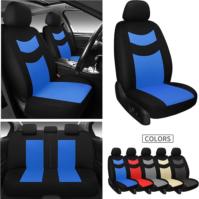 Tapha Universal Car Seat Covers Full Set - Front and Rear Split Bench, Easy to Install, Breathable and Washable Universal Interior Covers for Auto, SUV, Sedan, Van, Airbag Compatible, Black & Blue