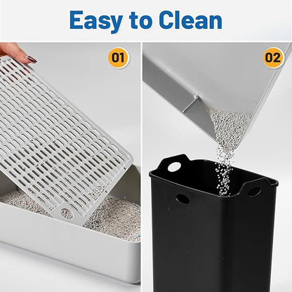 Adjustable Cat Litter Box Steps, 3-Step Non-Slip Ramp for Kittens Senior Cats Small Cats, Detachable Litter Catcher Tray, Fit Automatic Litter Boxes, Easy Clean, 13.5"x9"x7" (Light Grey)