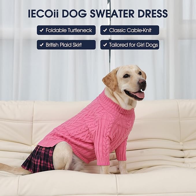 IECOii Girl Dog Sweater Dress, Great Dane Sweaters for Girl Dogs, Pink, 5XL, Extra Large Dog Sweater for Female Dogs Pet Winter Dress for Giant Breeds - Xmas Turtleneck Knitwear for Cold Weather