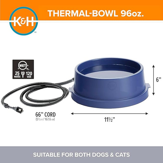 K&H Pet Products Thermal-Bowl Heated Water Bowl for Cats & Dogs Outside, Safety Listed Outdoor Heated Dog Dish for Pets, Automatic No Freeze, Anti Chew Cord - 96 Ounces Blue 25W