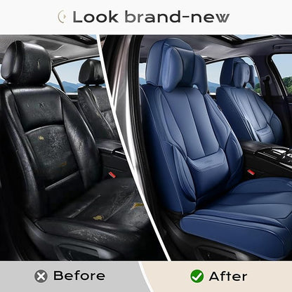 Coverado Seat Covers Full Set, 5 Seats Seat Covers for Cars, Waterproof Nappa Leather Car Seat Covers with Head Pillow, Seat Protectors Car Seat Cushion Universal Fit for Most Cars (Blue)