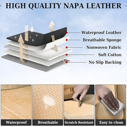 Coverado Car Seat Covers Full Set, Beige Seat Covers for Cars, Waterproof Nappa Leather Automotive Seat Covers with Lumbar Head Pillow, Car Seat Protectors, Universal Fit for Most Cars SUV