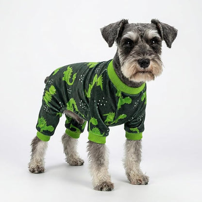 Fitwarm Dinosaur Dog Fleece Pajamas, Warm Clothes for Small Dogs Boy, Cozy Pet Onesie with Feet, Dark Green, Bright Green, Small