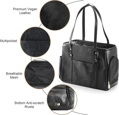 Fashion Dog Carrier Purse, Premium Leather Cat Carrier Bag, Airline Approved Soft Sided Pet Travel Tote Bag with Pockets Black