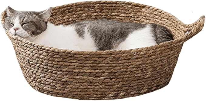Cat Bed, Straw Woven Cat Baskets Bed, Round Wicker Cat Basket Nest, Non-Slip Cozy Kitten Bed for Cats Small Dog (Only Nest,Small)