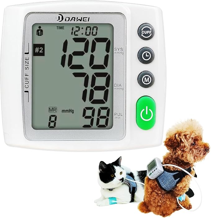 Wearable Pet Blood Pressure Monitor for Cats & Dogs, Automatic Oscillometric Veterinary BP & Heart Rate Monitor, 3 Adjustable Cuffs 4.2–15cm, Dual-User 120 Memory, Portable Home & Vet Clinic Use
