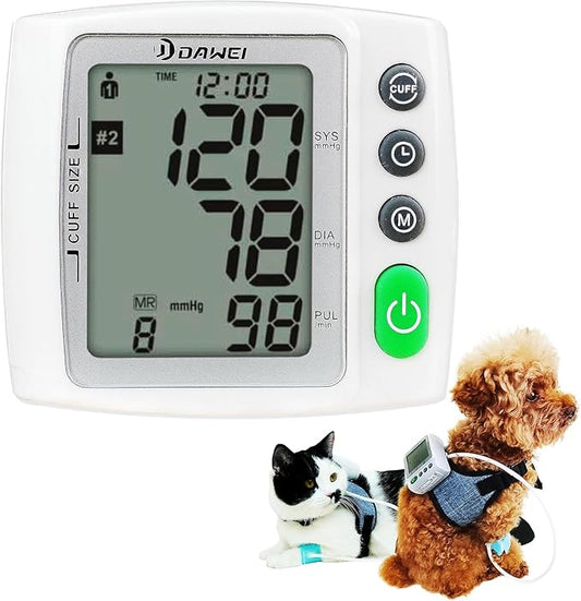 Wearable Pet Blood Pressure Monitor for Cats & Dogs, Automatic Oscillometric Veterinary BP & Heart Rate Monitor, 3 Adjustable Cuffs 4.2–15cm, Dual-User 120 Memory, Portable Home & Vet Clinic Use