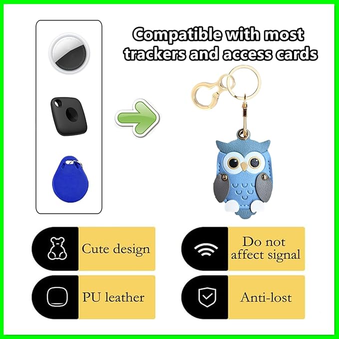 Leather Keychain Holder Case Compatible with AirTag,Cute Protective Cover with Keyring,Anti-Scratch Finder GPS Tracker Case for Wallet Keys,Bag,Pets,Backpack(Owl Blue)