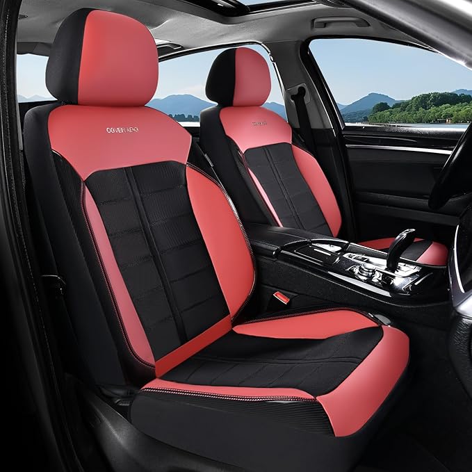 Coverado 3D Air Mesh Front Car Seat Cover, Sports Carbon Fiber Design, Breathable Seat Protectors Airbag Compatible Comfort Universal for Most Cars, Van,Trucks, SUV, Black&Wine