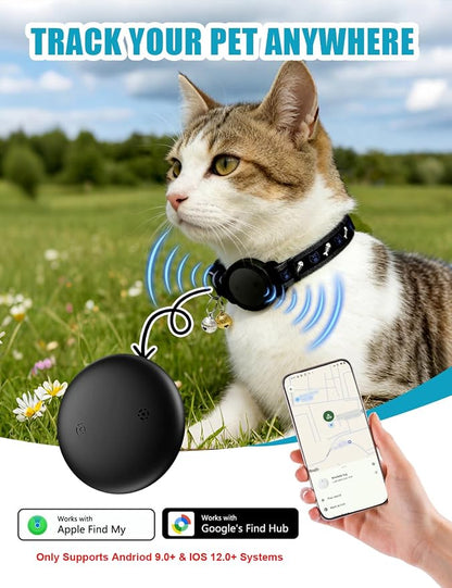 GPS Cat Tracker Collar (Android & iOS), Real-Time Activity Tracking Black | Bluetooth Smart Finder tag No Subscription, Works with Apple Find my App & Google Find Hub, Anti-Lost for Pet Items Kitten