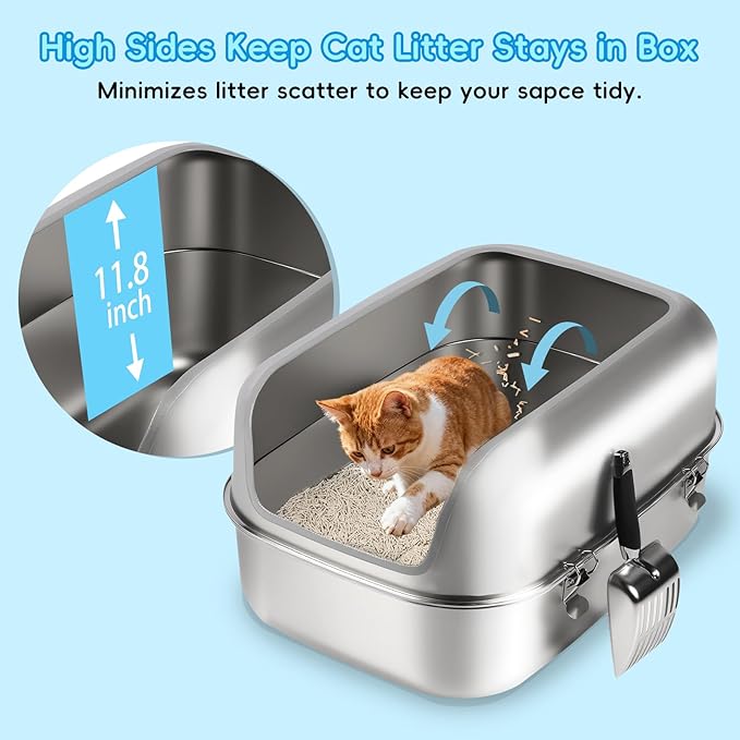 Stainless Steel Cat Litter Box, 23.6" L x 15.7" W x 11.8" H Extra Large Semi Enclosed Removable Metal Litter Tray with High Sided Enclosure, Scoop, Non-Sticky, Easy Cleaning