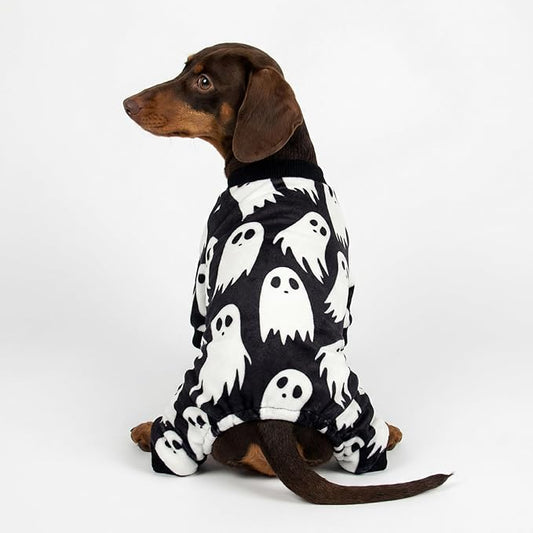 Fitwarm Halloween Ghost Dog Pajamas, Funny Halloween Costumes for Dogs, Fleece Dog Onesie with Feet, Doggy Clothes for Small Dogs Boy Girl, Pet Apparel, Black, White, Large