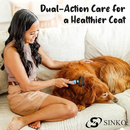 Sinko Deshedding Dog and Cat Brush, Dematting Comb with Extra Wide Double-Sided Stainless Teeth for Detangling, Deshedding, Brushing & Removing Shed Fur, Knots, Mats, and Tangles in Pets (Blue)