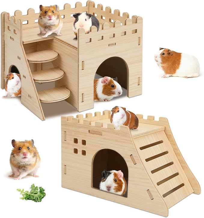 PETKNOWS 2 Pack Hamster Houses and Hideouts, Easy to Assemble Wooden Hamster Castle Small Animal House Bed with Stairs