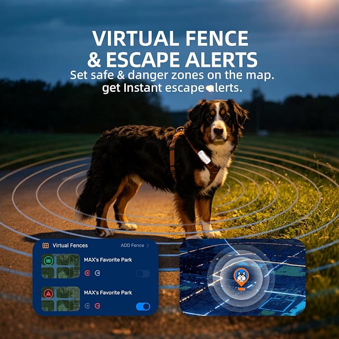 A dog wearing a harness stands in a field at dusk with overlaid text reading 'VIRTUAL FENCE & ESCAPE ALERTS' and app-style interface panels showing virtual fences and location alerts.