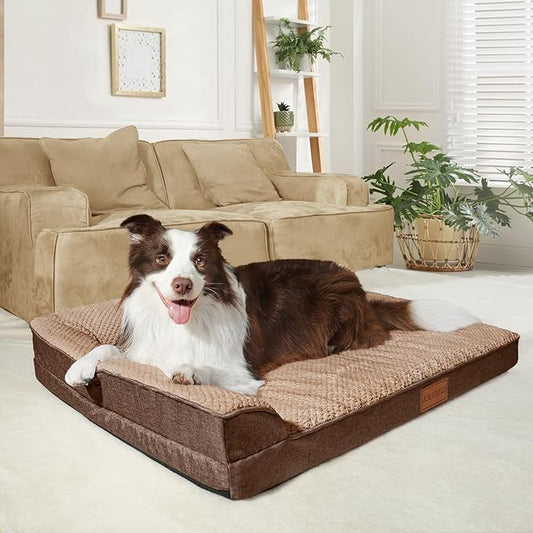 Orthopedic XL Dog Bed Large Sized Dog 42''X28'', Waterproof L Bolster Egg Crate Foam Big Pet Crate Beds with Washable Removable Cover, Non-Slip Soft Pet Couch Sleep Mat, Brown
