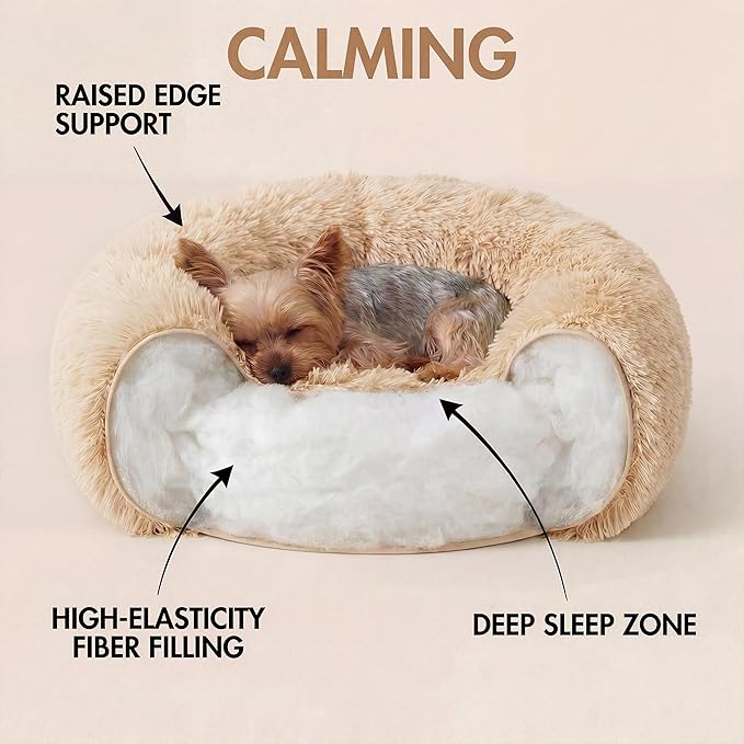 Extra Small Dog Bed 19 Inch,Calming Donut Puppy Bed,Ultra Soft Faux Fur Round Dog Bed for Chihuahua Yorkie Maltese Pomeranian,Light Brown
