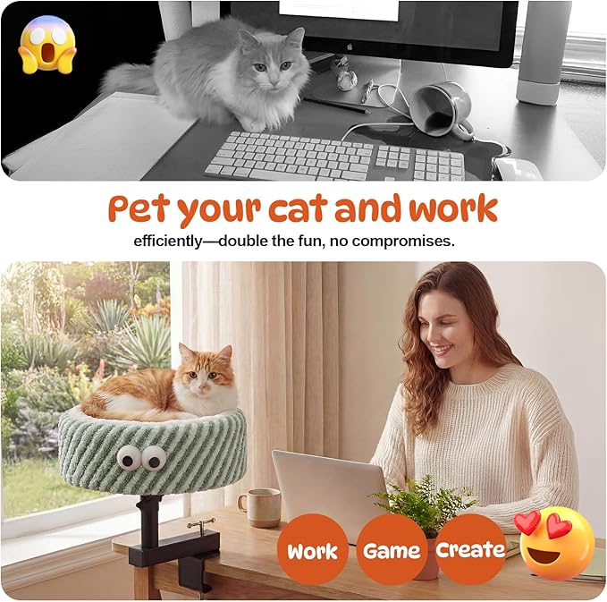 Cat Desk Bed, Height Adjustable 360° Rotating Desk Mounted Cat Bed, 2-in-1 Cat Desk Perch Hammock, Desk Cat Bed Attachment with Washable Cushion for Most Cats (Green)