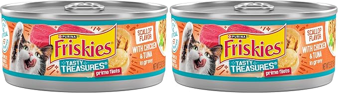 Friskies Purina Wet Cat Food Tasty Treasures with Chicken and Tuna in Gravy (Scallop Flavor) - (Pack of 48) 5.5 oz. Cans
