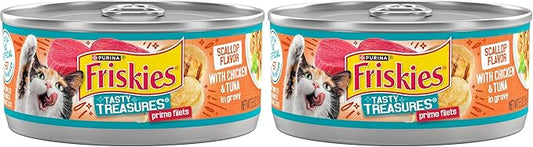 Friskies Purina Wet Cat Food Tasty Treasures with Chicken and Tuna in Gravy (Scallop Flavor) - (Pack of 48) 5.5 oz. Cans