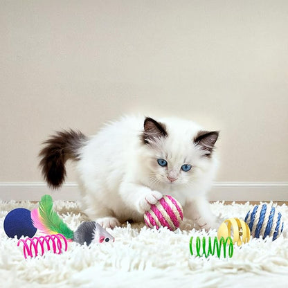 AGYM Cat Toys for Indoor Cats, 35 Packs Interactive Cat Toys Set with Colorful Springs, Mouse Cat Toy, Crinkle, Sisal, Pompom and Color Bell Balls for Kittens