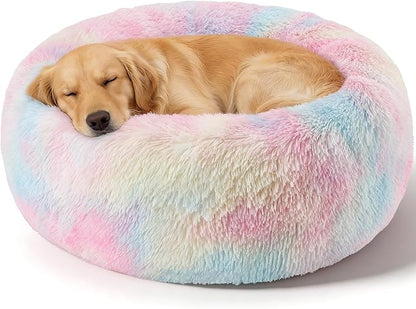 Dog Calming Beds for Small Medium Large Dogs - Round Donut Washable Puppy Dog Bed, Anti-Slip Faux Fur Fluffy Donut Cuddle Anxiety Cat Pet Bed(36'' Color)