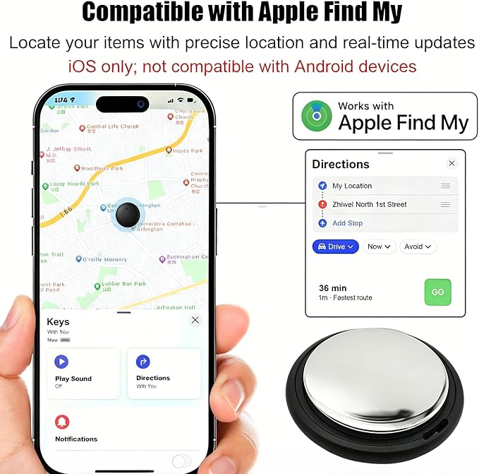 GPS Tracker for Vehicles No Subscription for iOS Only - 1 Pack | Undetectable Car Tracker, Precise Location Bluetooth Tag Compatible with Apple Find My for Key Luggage Kid Pet
