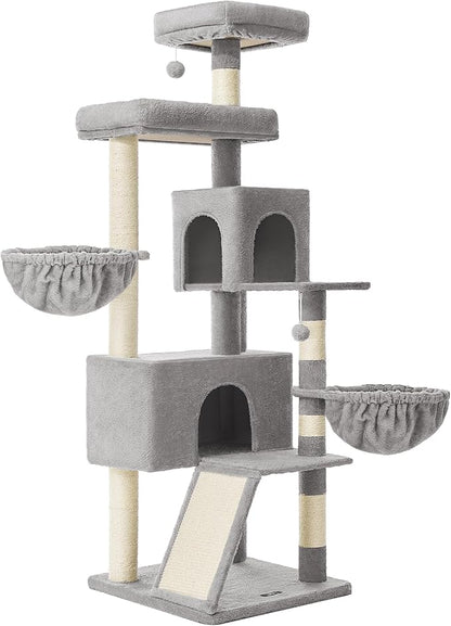 Feandrea Cat Tree, 68.5-Inch Tall Cat Tower, Multi-Level Plush Condo with Large Perch, Scratching Posts, Double Caves, Dove Gray UPCT006G01