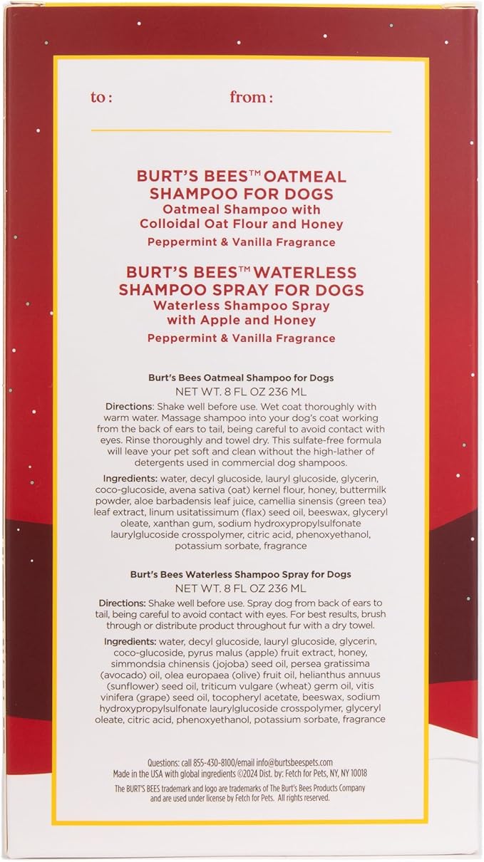 Burt's Bees for Pets Holiday Grooming Kit, Peppermint & Vanilla Fragrance | Oatmeal Shampoo and Waterless Dog Grooming Spray for All Dogs and Puppies | Cruelty Free, Made in USA, 8 Fl Oz