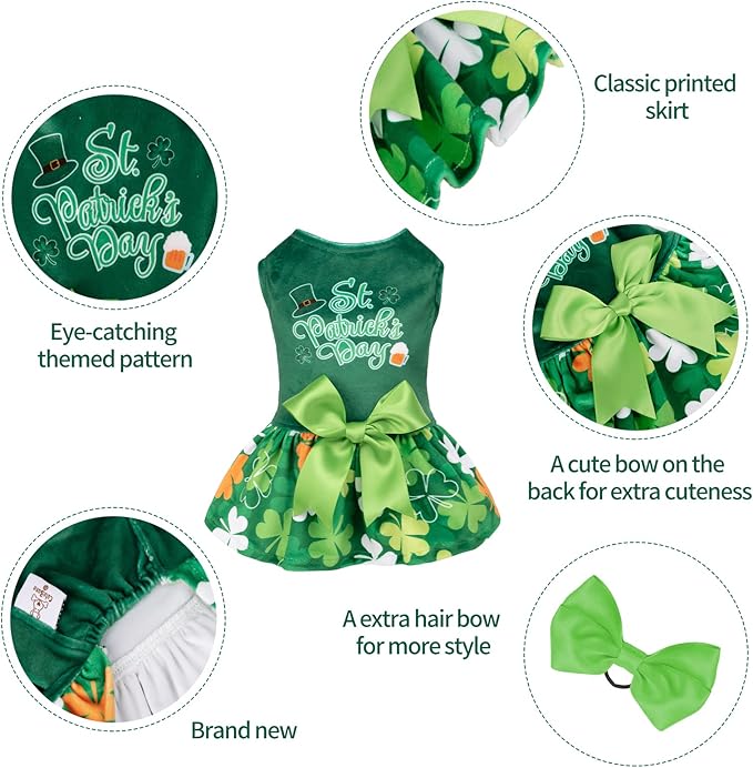 CuteBone St.Patrick's Day Dog Green Dress Velvet for Small Dogs Girl Puppy Dresses Clover Dog Clothes CVA13M-D