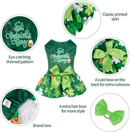 CuteBone St.Patrick's Day Dog Green Dress Velvet for Small Dogs Girl Puppy Dresses Clover Dog Clothes CVA13L-D