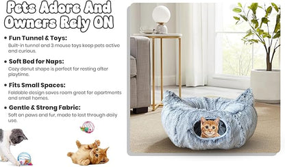 Cat Donut Tunnel Bed with 3pcs Mouse Ball Toy - Cat Tunnel for Under Christmas Tree & Cat Tunnel Bed Cave - Soft cat cave Bed – 3-in-1 Cat Tunnels for Indoor Cats, Kittens, Puppies, Rabbits (Grey)