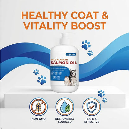 Wild-Caught Salmon Oil for Dogs & Cats - Omega 3 EPA DHA,Fish Oil Liquid Supplement for Skin & Coat, Joint & Bone Health (8 FLOZ)
