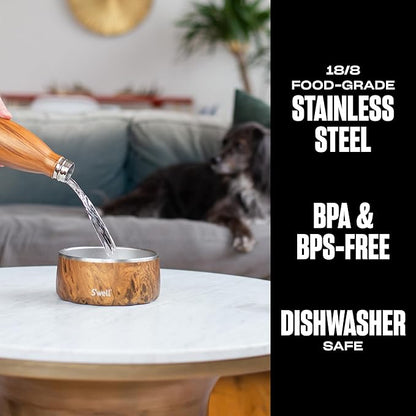 S'well Stainless Steel Pet Bowl, 32oz, Teakwood, for Small to Medium Size Dogs, Mess Free Design with Non Slip Rubber Bottom, Dishwasher Safe, BPA Free