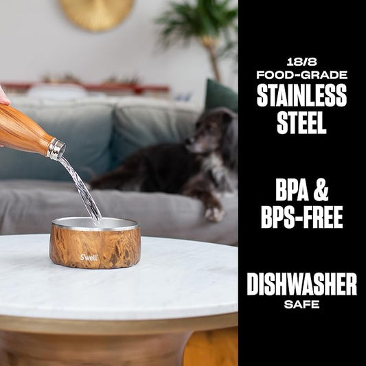 S'well Stainless Steel Pet Bowl, 32oz, Teakwood, for Small to Medium Size Dogs, Mess Free Design with Non Slip Rubber Bottom, Dishwasher Safe, BPA Free