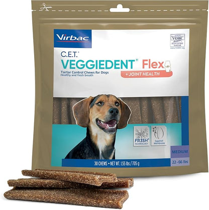 Virbac C.E.T.® VEGGIEDENT® Flex Tartar Control Chews for Dogs - Multifunctional to Support Joint Health, VOHC Approved - Medium 22-66lbs