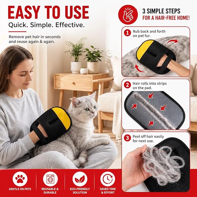 2PCS Pet Hair Removal Gloves for Dogs & Cats, Reusable Electrostatic Pet Hair Remover Tool, Magic Fur Removal Glove for Clothing, Couch, Carpet & Car