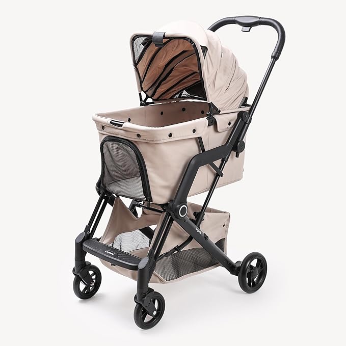 Upgraded Small/Medium Pet Stroller - Dogs & Cats up to 66 lbs, Folds for Storage and Features a Safety Foot Brake, 3-in-1 Foldable Portable Travel Carrier for 2 Small to Medium Pets (Beige)