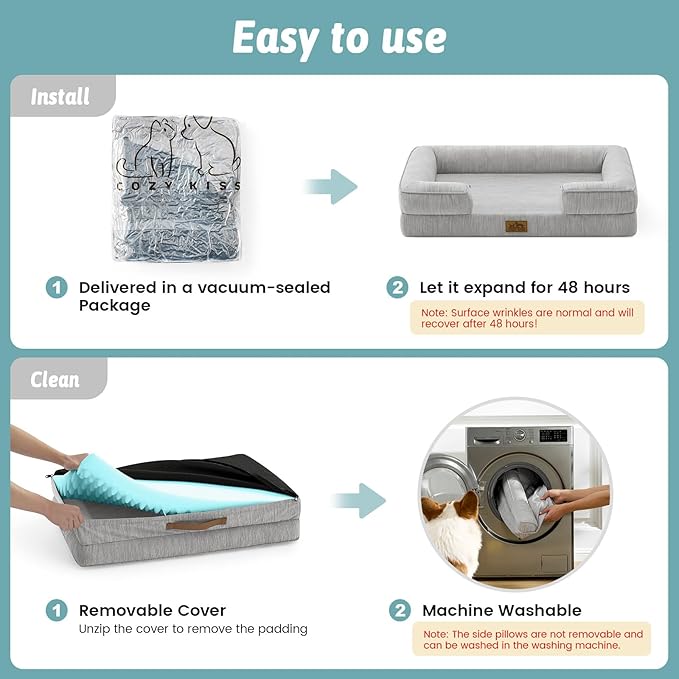 COZY KISS Cooling Dog Bed for Extra Large Dogs, Q-Max >0.4 Summer Cool Orthopedic Foam Pet Sofa Bed with Sides, Bolster Anti-Slip Couch with Washable Removable Cover, XXL 48x35x7.5 inch, Grey