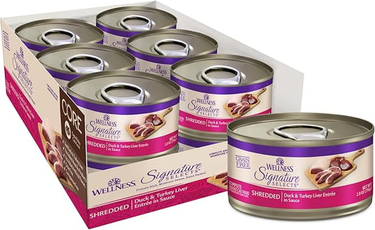 Wellness CORE Signature Selects Shredded Adult Canned Wet Cat Food, Natural, Protein Rich, Grain Free, Duck and Turkey Liver Entrée Recipe, 5.3 oz, Pack of 12 Cans