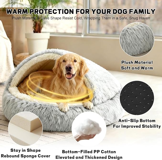 Calming Dog Bed Fluffy Plush Pet Bed Under 35 Pound，Large Cave Bed Washable Non-Slip Cat Nest Pod Windproof，Cozy Indoor Cave for Kitten Dog Non-Slip Bottom (L-31.5in)