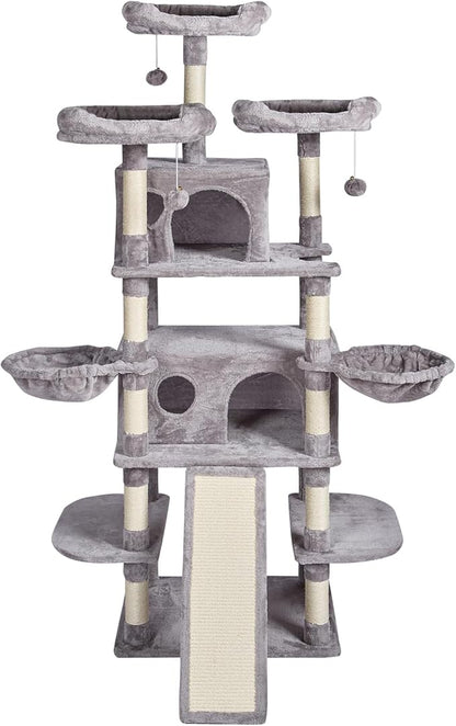 VEVOR Cat Tree for Indoor Cats, 68.5" Cat Tower with 2 Cat Condos, Sisal Scratching Post, Hammocks, Top Perches, Jumping Platforms and Ramp, Cat Furniture Activity Center with Hang Balls, Light Grey