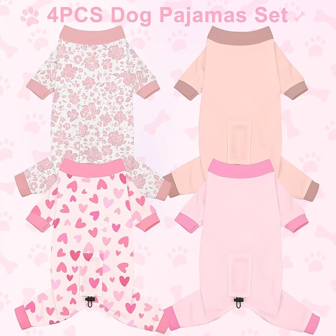 Bienbee Dog Pajamas, 4 Pack Dog Recovery Suit Shedding Suit Cute Soft Puppy Clothes Dogs Pjs Onesies Jammies Adjustable Breathable & Stretchy Clothes for Small Medium Large Dogs Girl Boy Puppy-2XL