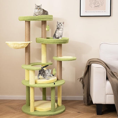 PETSITE 51-inch Avocado-Themed Cat Tree, Multi-Level Modern Cat Tower with Jute Scratching Posts, Avocado-Shaped Dangling and Spring Toy, and Removable Cushions, Cute Cat Tree Tower for Indoor Cats