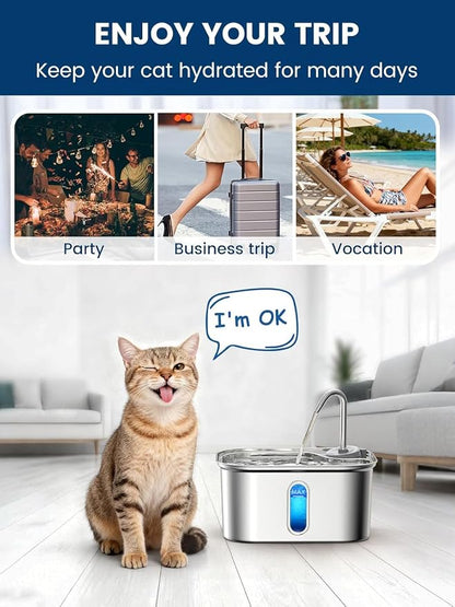 Cat Water Fountain Stainless Steel for Cats Indoor 2.5L 85oz by BPA-Free SUS304, Effective 6-Layer Filter Cat Fountain for Drinking 20dB Ultra Quiet Metal Pet Water Fountain (Fountain+4 Filters)