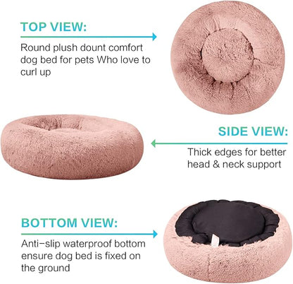 SAVFOX 45 inches Calming Donut Dog Bed - 3X Durable Plush Faux Fur, Machine Washable & Non-Slip, Fits up to 150 lbs, Pink